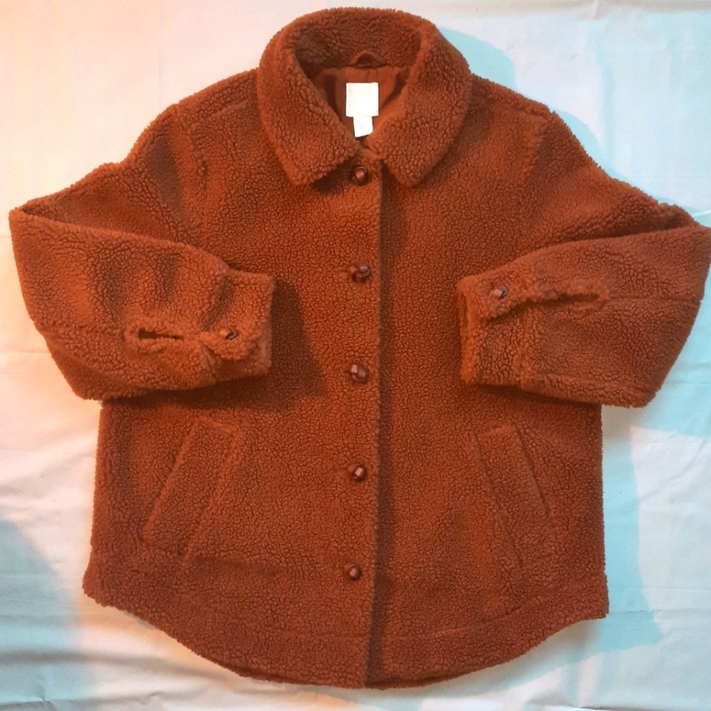 H&M Brown Fleece Sherpa Button Up Fashion Jacket w/ Pockets Women's Size: 10